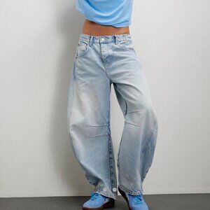 Free People We The Free Good Luck Mid-Rise Barrel Leg Jeans Aegean 27